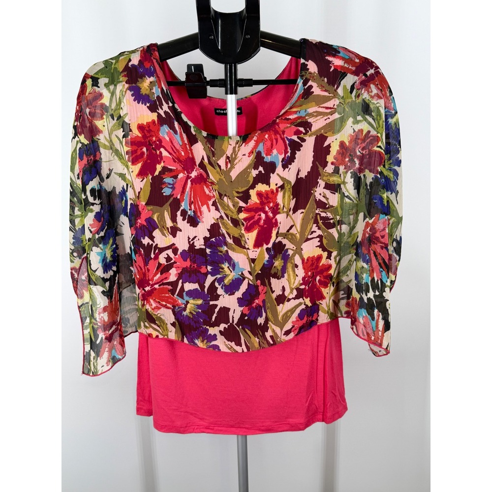 Cha Cha Vente Pink Floral Chiffon Popover Top Petite Medium PM Made in USA